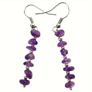 Natural Purple Amethyst Gemstone Dangle Earrings Asymmetrical Crystal Long Drop